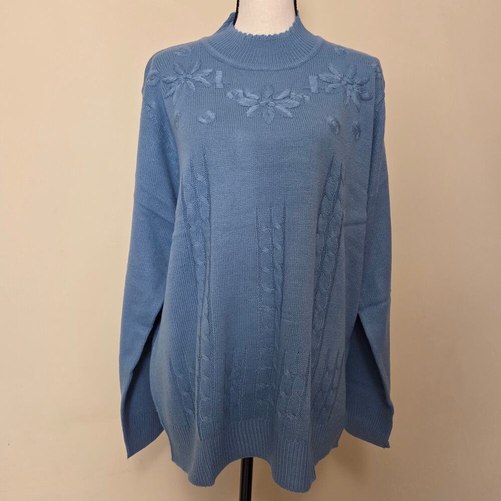 New Vintage Salon Studio/Haband XX Pullover Embroidered Cable Mock Sweater Blue